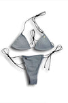 GRAY BIKINI HALTER TRIANGLE SIDE DRAWSTRING